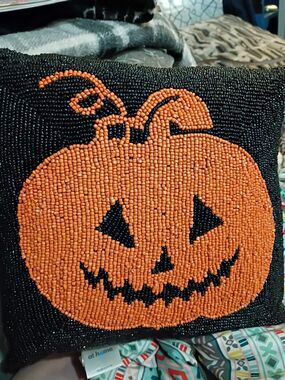 At Home Pumpkin Beaded Pillow-686535